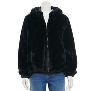 Jou Jou solid black plush faux fur oversized fit hooded coat